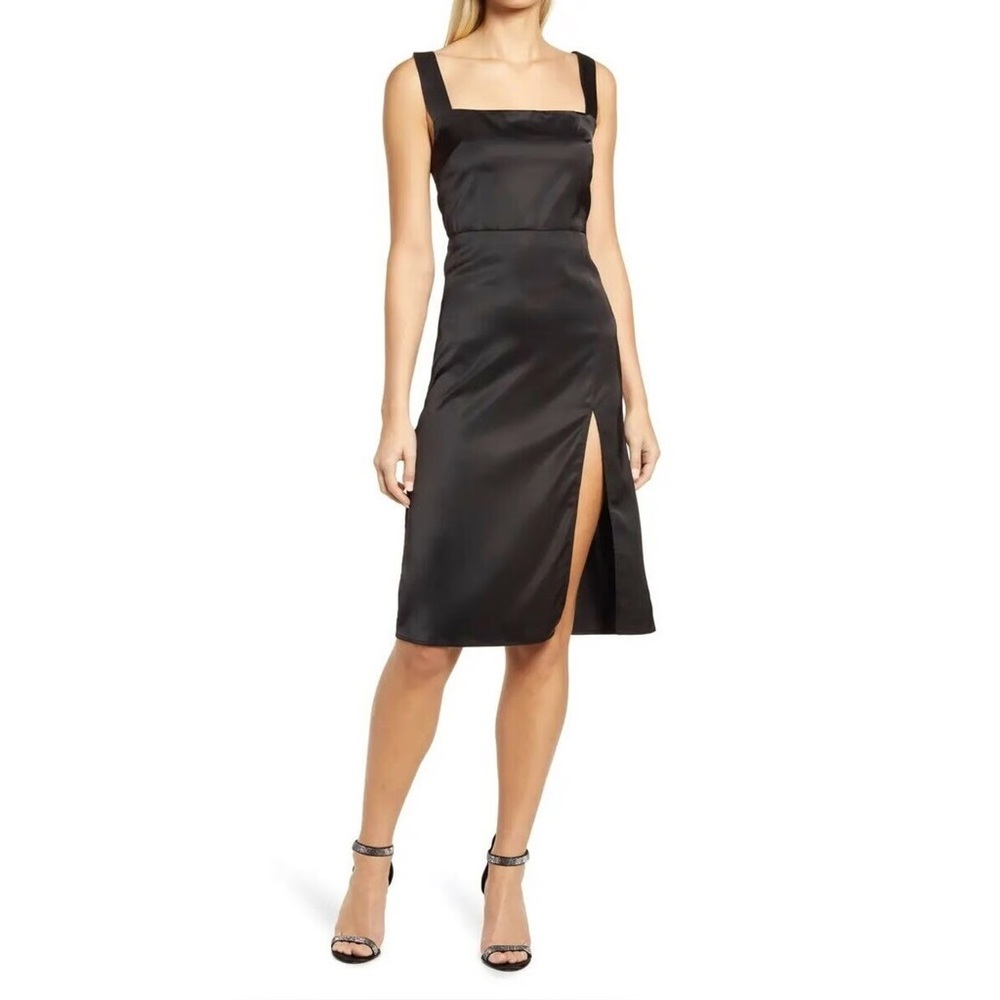 Black Satin Midi Dress with slit